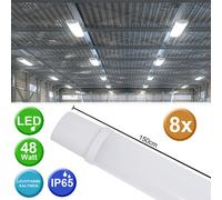 Lampe anti-humidité LED 150cm lumière du jour LED plafonnier d'atelier 48 watts lampe de sous-sol LED plat, 48W 4000lm 6500K, LxH150x3,5 cm, lot de 8