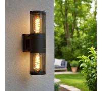 Applique murale Up and Down appliques d'extérieur en acier inoxydable lampes d'extérieur d'extérieur maison appliques murales en acier inoxydable, fumée noire, 2 flammes douilles E27, H 38 cm