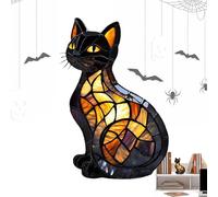 Lampe Chat - Lampe Animaux Style Vitrail, Veilleuse LED De Chevet Résine Fait Main | Décoration Table Animaux Mignons Pour Chambre, Salon, Bureau & Étagère | Veilleuse Décorative Style Vitrail Cadeau