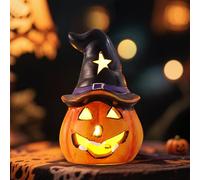 Lampe citrouille LED décorative d'Halloween - En céramique - Avec éléments tels que chapeaux et visages fantômes - À piles - Citrouille éclairée - Pour décoration de fête, décoration de table