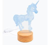 Lampe d'ambiance effet 3d, design licorne, base effet bois. Lumière led.