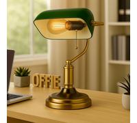 Lampe de Banquier Table de Bureau Zugkette E27 Vieux Laiton Verre Vert
