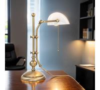 Lampe de Banquier Tischleuchte Bronze Brillant en Laiton Verre Tirette Premium