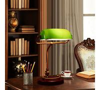 Lampe De Banquier Traditionnelle Verte Avec Interrupteur Tirette, Lampe De Bureau Rétro Lampe De Banquier, Finition Laiton, Avec Abat-Jour En Verre Vert Nostalgique Et Base En Bois, E27