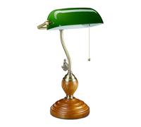 relaxdays Lampe de banquier interrupteur à tirette, abat jour inclinable, socle bois, design retro, douille E27, bureau.