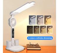 Lampe de bureau à 4 lumières avec ventilateur, 3 options de couleur, design de protection des yeux, comprend un porte-stylo et un affichage intelligent, pliable, branchée, convient pour le bureau, la