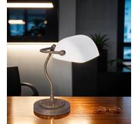 Lampe De Bureau Artisanale En Bronze Antique Blanche En Laiton Et En Verre