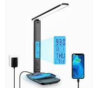 Lampe De Bureau Avec Chargeur Sans Fil & Port USB, Support de Téléphone | Réveil, Heure, Date, Température, 5 Niveaux de Luminosité & 3 Couleurs, Automatique Arrêt, pour Travail Lecture études Chevet