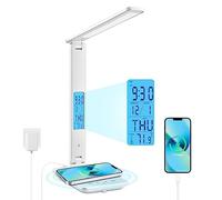 Lampe De Bureau Avec Chargeur Sans Fil & Port USB, Support de Téléphone | Réveil, Heure, Date, Température, 5 Niveaux de Luminosité & 3 Couleurs, Automatique Arrêt, pour Travail Lecture études Chevet