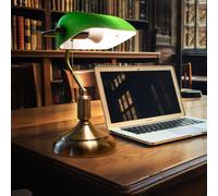 Lampe de table réglable en verre, lampe de banquier, lampe de bureau rétro verte, interrupteur à tirette, métal, 1x douille E27, LxlxH 26x18x36 cm