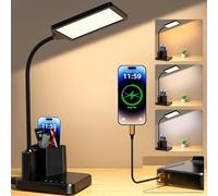 Lampe de Bureau LED 15W Avec USB-A et C Ports de Charge,Lampe de Table à Commande Tactile,3 Modes de Couleur,9 Modes d’Éclairage,Col de Cygne 360°, Porte Stylo, pour Salon, Peinture et Étudiant (Noir)