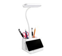 Lampe de Bureau LED 5W, 3 Modes d’éclairage et 3 Luminosité Réglable, USB Lampe de Bureau pour Enfants Rechargeable, Col de Cygne Flexible, Avec Porte-Stylo et Support pour Téléphone Portable, Blanc