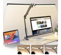 Lampe de Bureau LED à Double Tête, Lampe à Pince Pliable Respectueuse des Yeux, 3 Ttempératures de 10 Niveaux Couleur et Intensité Lumineuse Réglable, 20 W Alimentation USB pour Maison, Bureau-Noir