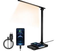 Lampe de Bureau LED avec Chargeur sans Fil 10W Lampes de Bureau Dimmable 5 Niveaux Luminosité 6 Modes Couleur 2 Port USB Adaptateur QC 3.0 Minuteri Lumière Peut Etre Tournée Gauche et Droite