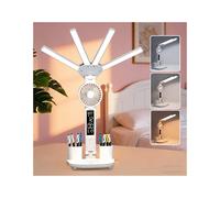 Lampe de Bureau LED avec Ventilateur, Lampe de Bureau avec Horloge, 5 Modes D'Éclairage, 3 Niveaux de Luminosité et Porte-Stylo