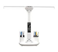 Lampe de Bureau LED Double Tête,Lampe de Table Enfant Protection Yeux avec Porte Stylo,3 Modes Éclairage Lampe de Bureau Design,USB Lampe Bureau LED Rechargeable avec Écran Heure Lampe de Lecture