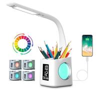 Lampe de bureau LED Eye-Caring Lampe de Table D'étude Port de charge USB Lumière de L'atmosphère Nocturne avec Porte Stylo/Écran Heure/Calendrier 3 Niveaux Dimmable Lampe de Lecture pour Enfants 10W