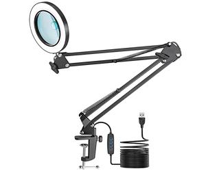 Lampe de Bureau Loupe, Jubor 10X 8X Loupe avec Lumière et Support, Lampe de Bureau avec 3 Modes de Couleurs Réglables pour Lecture, Réparation, Artisanat