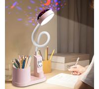 Lampe de bureau Vaileal - Lampe d'étude avec projection de ciel étoilé, porte-stylo, rechargeable par USB, intensité variable - Rose
