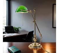 Lampe De Bureau Verte En Verre Et Laiton, Réglable Avec Interrupteur À Tirette