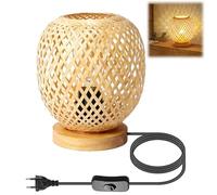 Lampe de Chevet Abat-Jour en Bambou Lampe de Lecture E27 Rétro Lampe De Table avec Base en Bois Naturel Décorative Lampe Bureau avec prise et interrupteur Pour Chambre à Coucher Intérieur Extérieur