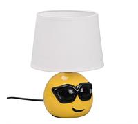Lampe de chevet céramique Lampe de table pour chambre à coucher Lampe de salon Lampe de table Moderne, Emoji avec lunettes de soleil jaunes, textile blanc, 1x douille E14, DxH 18x26 cm
