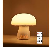 Lampe de chevet tactile pour chambre à coucher, veilleuse champignon avec heure et télécommande, lampe de table à intensité variable avec 3 couleurs de lumière, mode de détection sonore et 3