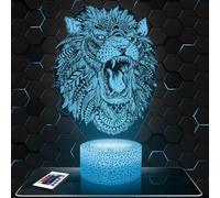 Lampe de chevet, Veilleuse Tactile Lion mandala Animal Lampe 3D LED illusion, Idée cadeau Noël anniversaire garçon et fille Lampe de nuit chambre d'enfant ou adulte