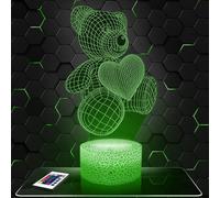 Lampe de chevet, Veilleuse Tactile Ours Cœur Animal Lampe 3D LED illusion, Idée cadeau Noël anniversaire garçon et fille Lampe de nuit chambre d'enfant ou adulte