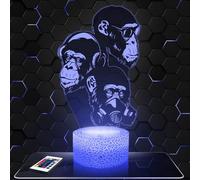 Lampe de chevet, Veilleuse Tactile Singe Sagesse Stylisé Animal Lampe 3D LED illusion, Idée cadeau Noël anniversaire garçon et fille Lampe de nuit chambre d'enfant ou adulte