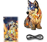 Lampe de chiot arc-en-ciel, 3D rétro teinté résine petit chien LED lumière de nuit avec vitral Lumière, lampe de table alimentée par USB pour bureau de chambre à coucher, pour les amateurs de chien E
