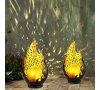 Lampes solaires de décoration de jardin pour l'extérieur, décoration de balcon extérieur boule de verre optique flamme or noir, batterie métal IP44, 1x LED, LxlxH 16,5x12,5x26,5 cm, lot de 2