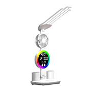 ＡＷＨＡＯ Lampe de Lecture Intelligente, 4 Têtes LED Réglables, Lumière Multifonction Horloge, Veilleuse, Porte-stylo, Chargeur USB, pour Étudiant, Dortoir et Bureau, avec Ventilateur