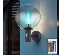 Applique murale LED avec détecteur de mouvement, applique d'extérieur, dimmable avec télécommande, lampe de façade, verre fumé, changement de couleur RGB, acier inoxydable, 8,5W 806lm blanc chaud, LxP
