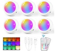 Lampe De Placard Rechargeable Usb Lampe Led Veilleuse Sans Fil Rgb 13 Couleurs Avec Télécommande Spot Led Pour Armoire, Vitrines, Couloir, Chambre, 6 Pièces