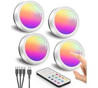 Lampe de Placard RGB Sans Fil, Batterie de 1600mAh Spot LED Autocollant Rechargeable USB Lampe Vitrine Telecommande Spot Cuisine Sous Meuble Couleur Lumiere Armoire Pile Tactile Veilleuse Adhesive