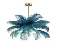 Lampe De Plafond CréAtive En Plume D'Autruche Bleue De Paon, Lampe Pendentive En Plume Romantique Et EsthéTique Avec Base DoréE Pour La Chambre à Coucher, Le Salon, Le Couloir