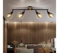 Plafonnier plafonnier lampe de salon lampe de salle à manger lampe de chambre à coucher, métal noir bois verre marron couleur fumée, 4 ampoules spots mobiles E14, L 60 cm