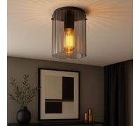 Plafonnier rétro Lampe de salon verre rainuré Plafonnier gris fumé Lampe de couloir, 1x douille E27, DxH 18 x 23 cm