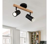 Plafonnier lampe salon salle à manger plafonnier spot, bois métal noir, GU10, 2 flammes, L 30 cm