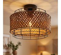 Plafonnier métal noir rond salle à manger cage lampe éclairage plafonnier avec abat-jour bambou, forme grille, 1x E27, DxH 35x24,5 cm
