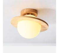 Lampe de Plafond Plafonnier Semi-Encastré Globe en Bois Style Rétro Luminaire Sphérique en Verre Givré Design Nordique Moderne Idéal pour Un Couloir Une Entrée Ou Un Balcon. Éclairage de Plafond