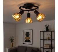 Lampe de plafond Lampe de salon Spotrondell salle à manger, 3 flammes, métal verre noir doré, 3x E14 douilles, DxH 45x21cm