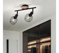 Plafonnier spot 2 flammes spots noirs plafonnier noir orientable, accent bois, écrans cage, 2x douilles E14, L 50 cm
