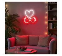 Lampe de signalisation Double Cerise Avec Néon En Forme De Cœur, Luminosité Réglable, Convient Pour Une Décoration Murale De Magasin De Fruits, 36cmx38cm(Ré)