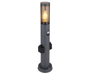 Lampe de socle LED avec prise de courant et détecteur de mouvement Colonne de prise de courant jardin avec lumière, acier inoxydable anthracite, plastique fumé, 1x E27 filament LED blanc chaud, DxH 7,