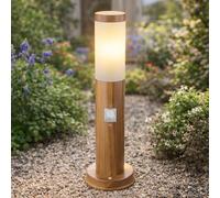 Lampe de socle LED avec détecteur de mouvement, aspect bois, borne d'éclairage extérieur, acier inoxydable, plastique blanc, 1x 9W 810Lm blanc chaud, DxH 7,6 x 45 cm