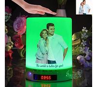 Lampe de table avec veilleuse tactile - Horloge de chevet à haut-parleur Bluetooth avec photo personnalisée, lumière blanche chaude ajustable pour chambre à coucher/bureau/camping extérieur