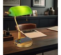 Lampe de bureau lampe de banquier lampe de table vieux laiton verre lampe de lecture verte, chargement sans fil port USB, interrupteur à tirette, 1x E27, LxH 26,5x36 cm