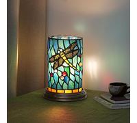 Lampe de table Blivuself Style Dragonfly Bleu Sarcelle Tiffany en Verre avec Abat-Jour en Vitrail Teal Bleu, Résine et Bronze, 5,7" L x 7,8" H, 25 W, Cordon 170 cm, Adaptateur CA 220 V